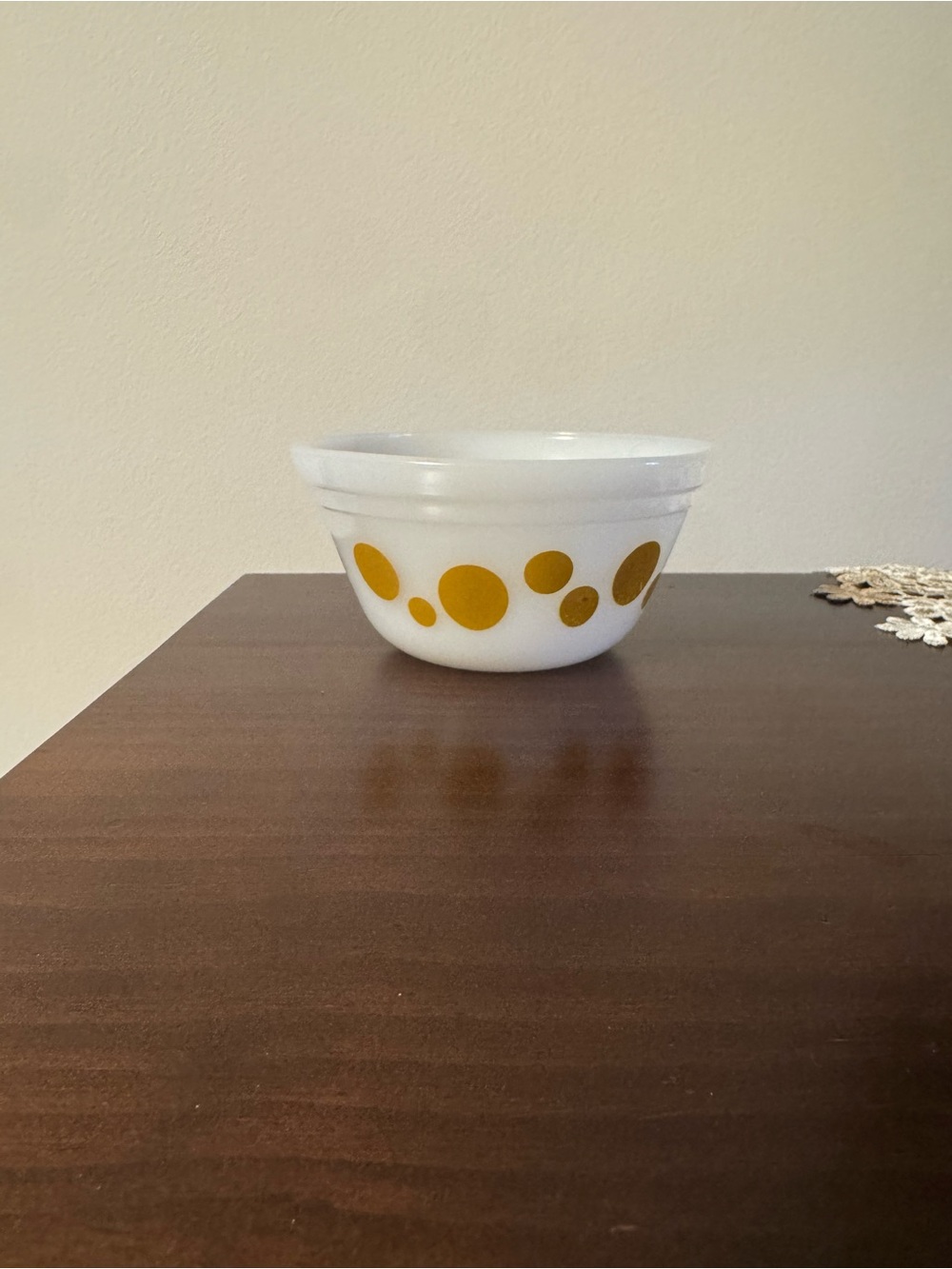 White Milk Glass Mixing Bowl with Yellow Polka Dot Design